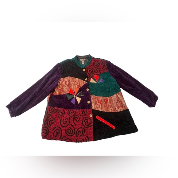 VTG Indigo Moon Women’s plus size 3X patchwork Jacket boho wood buttons Whimsey - Picture 1 of 11
